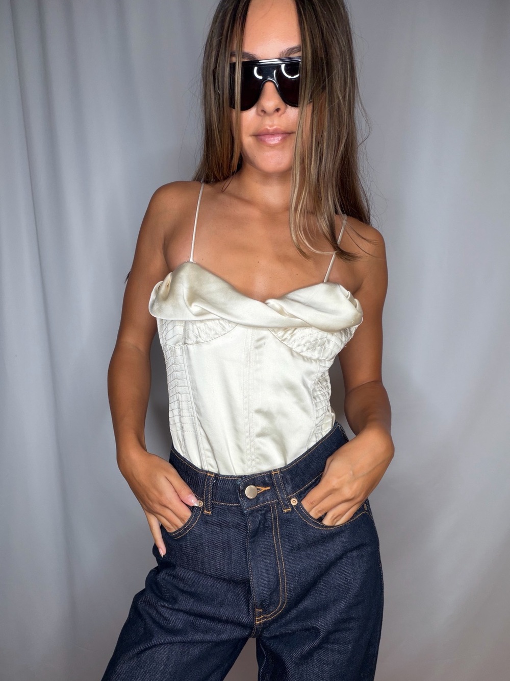 Zara Ivory Satin Corset Cami Polyester Bodysuit